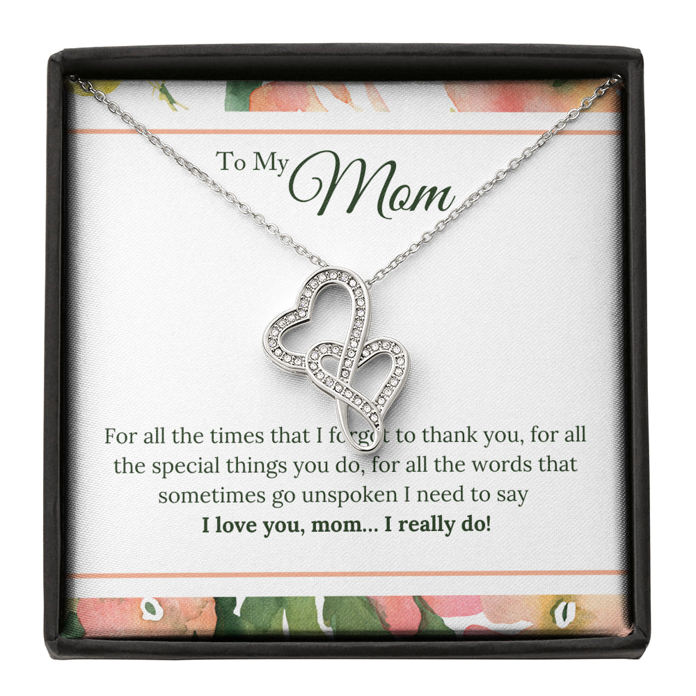 14K White Gold - Beautiful 2 Hearts Necklace With Meaningful Message Card - Gift To Mom